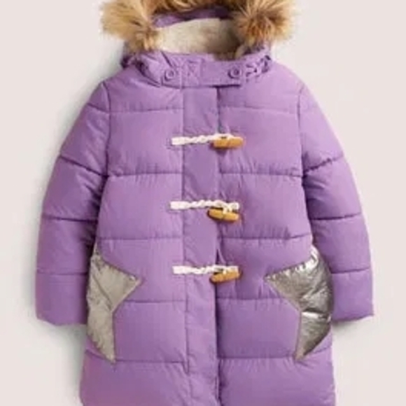Boden Girls Longline Padded Jacket In Purple with Removable Faux Fur Trim Hood - Picture 10 of 11